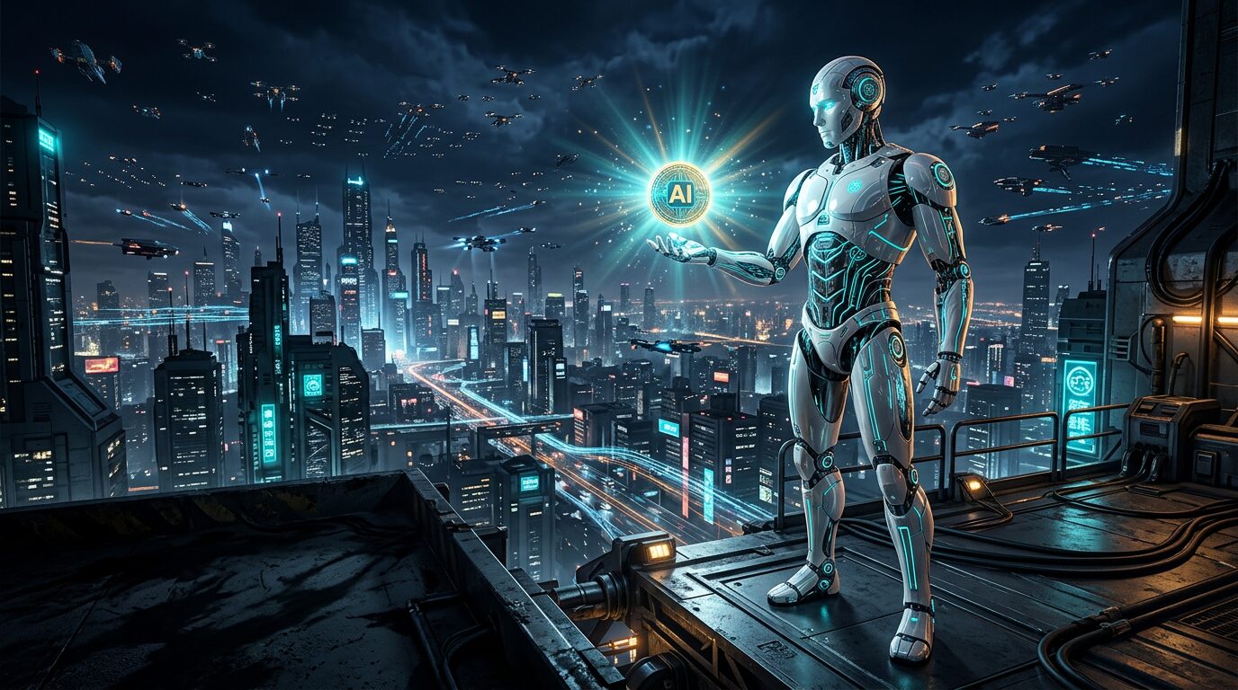 巨型 AI 机器人在未来都市上空托起发光的 AI币 / A giant AI robot holds the glowing AI Coin over a megacity