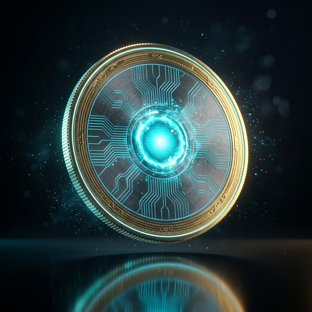 钛合金质感的 AI币，中心是发光的 AI 芯片 / The titanium AI Coin with a glowing AI-chip core