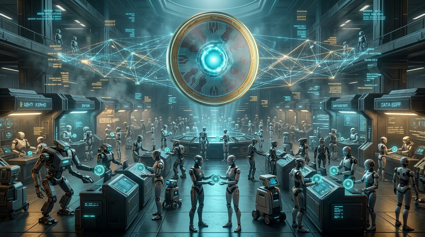 机器人在巨大的交易大厅里交换硬币 / Robots trading coins in a vast hall